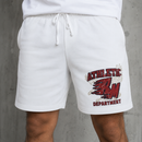 White athletic drawstring shorts worn by a model, featuring a red and white distressed graphic on the left leg that reads 'ATHLETIC 3M DEPARTMENT'. By Fresh N Fitted 