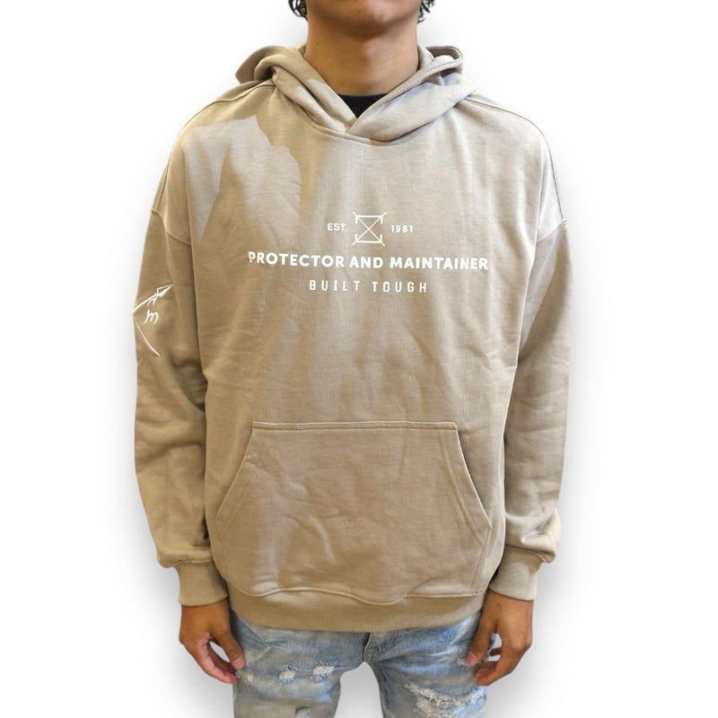 Protector and Maintainer 'Built Tough' French Terry Pullover Hoodie (Beige/White)