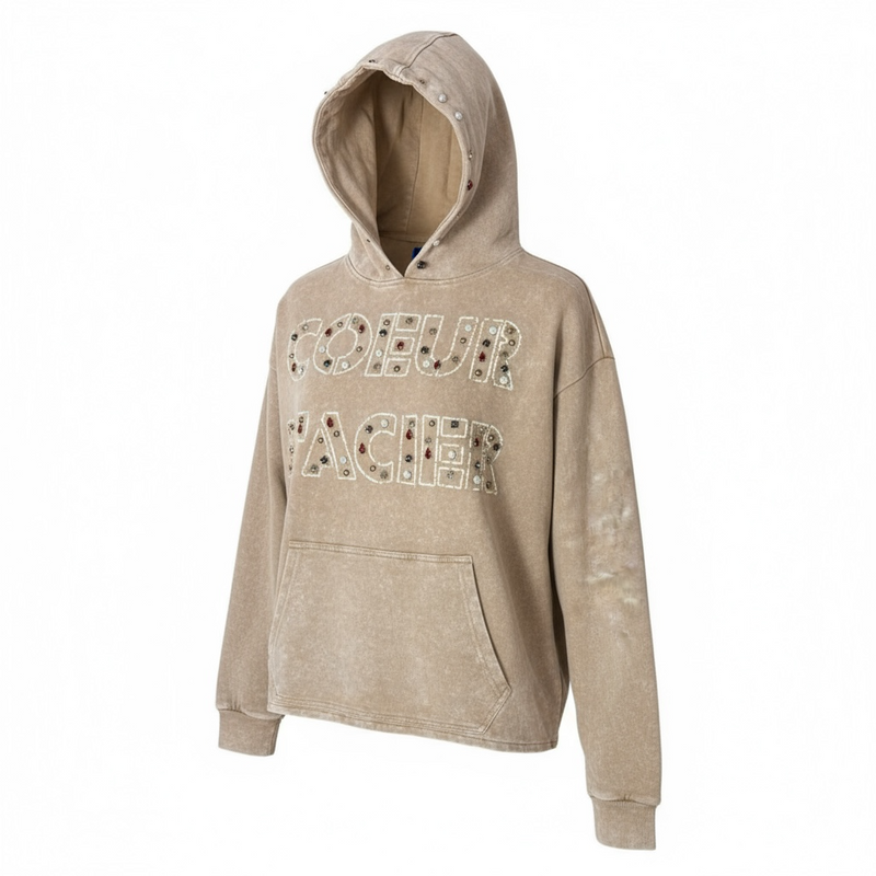 Rebel Denim 'Coeur Dacier' Jeweled Fleece Hoodie (Khaki) 752-322 - FRESH N FITTED