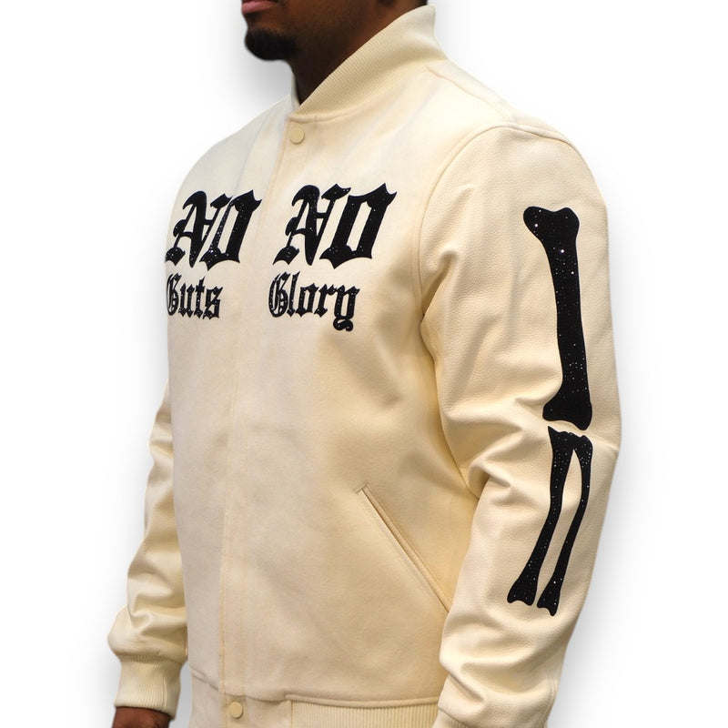 Roku Studio 'No Guts No Glory' Rhinestone Varsity Jacket (Eggshell)