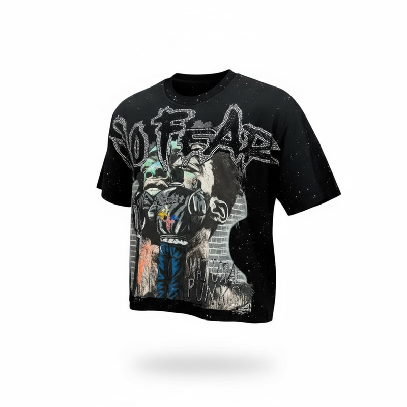 BKYS 'No Fear' Cropped Rhinestone T-Shirt (Black) T1385 - FRESH N FITTED