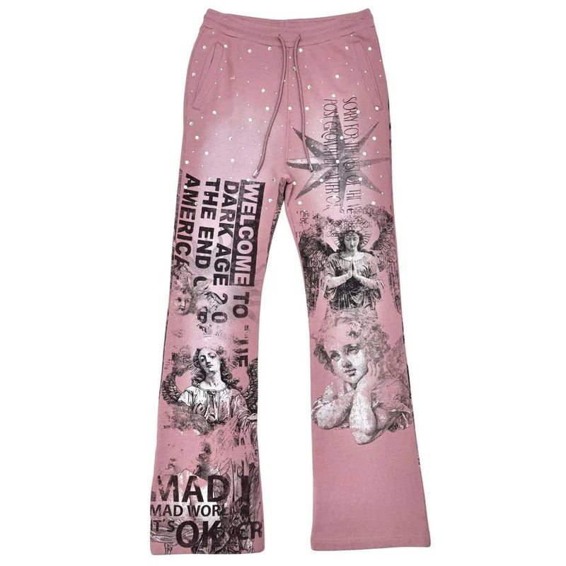 Rare Peace 'Mad World' Rhinestone Flared Sweatpants (Dust Pink) RP5043