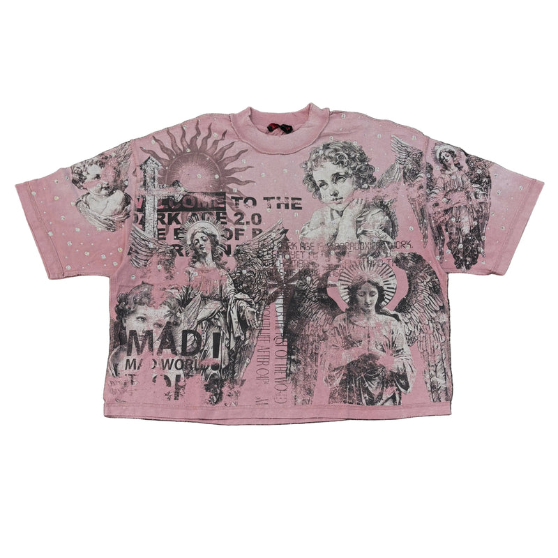 Rare Peace ‘Mad World' Oversized Rhinestone Cropped T-shirt (Pink) RT5043