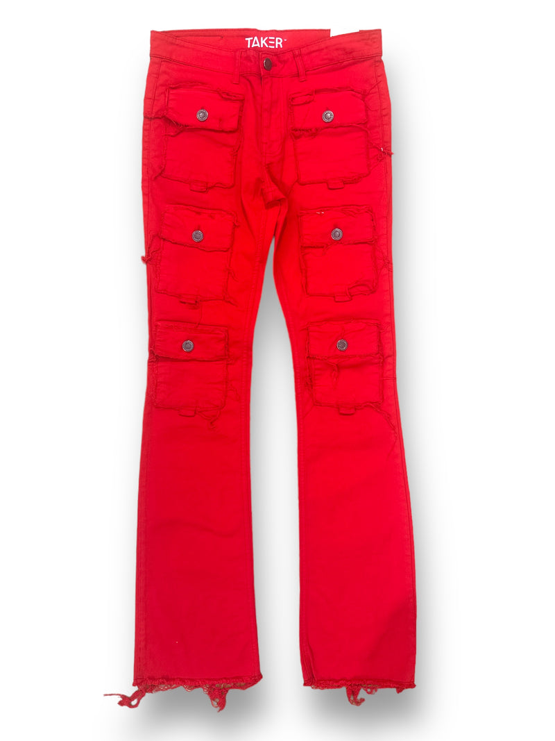 Taker 'Stacked and Flared' Cargo Denim (Red) B2022 - Fresh N Fitted Inc