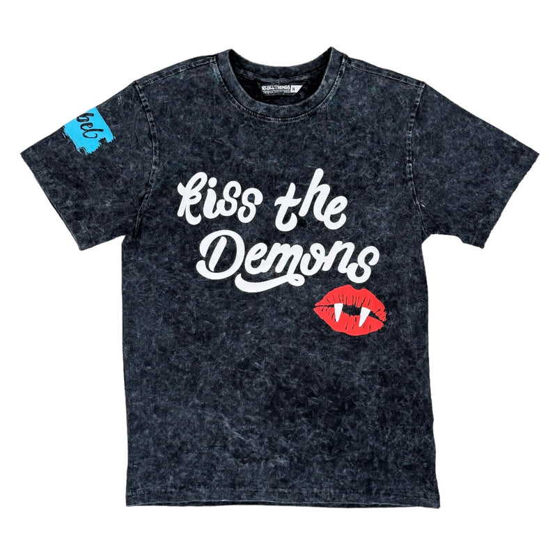 Rebel Minds 'Kiss The Demon' Acid Washed T-Shirt (Black) 141-168 - FRESH N FITTED-2 INC