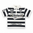 Black and white striped polo shirt with 'Majestic Athletic Team' branding on a white background. by Fresh n Fitted
