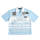 Light blue and white sports jersey with rhinestone on a white background. by Fresh n Fitted