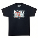 A black short-sleeve t-shirt with a graphic print on the front featuring a dollar bill, the word 'MONEY', and a red scribble, shown against a plain white background. By Fresh N Fitted.