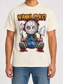 Beige 3Forty Inc. 'Wanna Play' T-shirt with graphic print, casual crewneck style, displayed on a hanger.