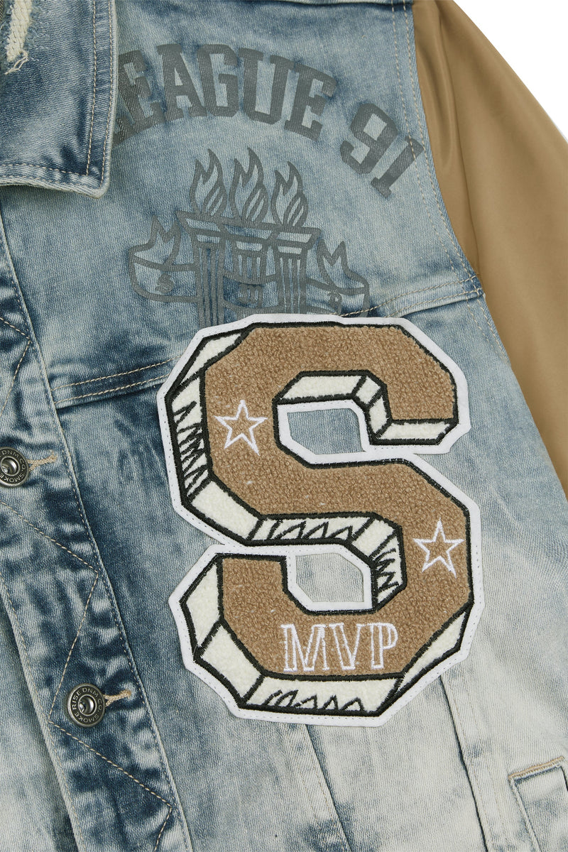 Smoke Rise 'Varsity Denim & Nylon Trucker' Denim Jacket (Comet Blue) JJ23545 - Fresh N Fitted Inc