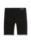 Black denim shorts on a white background