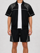 Black Kindred Rhinestone Nylon Zip Up Shirt with silver rhinestones, featuring a front zipper and fitted style from KIND RED.