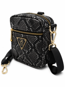Black patterned crossbody bag with gold accents on a white background