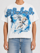 White oversized cropped T-shirt by PAPERCUT with "All Day Every Day" print, relaxed fit, casual style, front view.