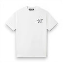 White t-shirt with a small black logo on a white background. By fresh n Fitted