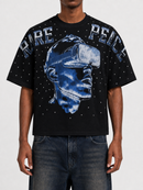 Black RARE PEACE Bad Habits oversized rhinestone cropped T-shirt with front view, showcasing bold graphic design and relaxed fit.