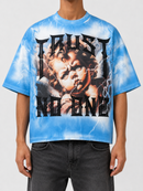Rare Peace oversized rhinestone cropped T-shirt in ecru with "Trust No One" graphic, stylish and bold casual wear.
