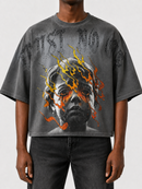Grey oversized rhinestone cropped T-shirt by RARE PEACE with "Trust No One" slogan and bold design.