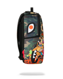 Multicolored backpack with cartoon character design on a white background