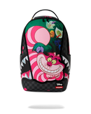 A Sprayground x Disney backpack featuring the Cheshire Cat from Alice in Wonderland, with a pink and white striped pattern, green background, shark teeth details, and a black checkered bottom, shown on a white background.