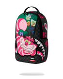 A Sprayground x Disney backpack featuring a vibrant Cheshire Cat design on a black checkered background, shown against a plain white background.