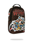 A Spraycraft 'On Top of the World' backpack featuring a brown and black checkerboard pattern, a shark mouth graphic, and a colorful group of Disney characters including Mickey Mouse, Donald Duck, Goofy, Pluto, Daisy Duck, and Tommy Duck. The M&F brand logo is visible on the front.
