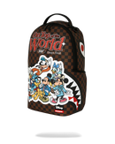 A SPRAYGROUND x M&F Disney backpack featuring a brown and black checkered pattern, a shark mouth graphic on the side, and a large front print of Mickey, Donald, Daisy, and Pluto wearing blue outfits under the text 'On Top of the World M&F Always Fresh'.