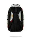 The back view of a Sprayground backpack featuring a black perforated central back panel, black shoulder straps, and a white side panel decorated with a yellow and orange abstract graphic.