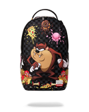 A Sprayground backpack at fresh n fitted featuring a black and dark gray checkerboard pattern with a cartoon Tazmanian Tiger character surrounded by pizza, donuts, and pink splatter graphics.