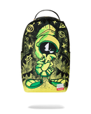 A black backpack featuring a vibrant graphic print of Marvin the Martian in green and yellow, surrounded by space-themed doodles like stars and planets. The backpack has a top zipper, a black handle, and a small Sprayground label near the bottom right.