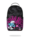 A Sprayground black camouflage backpack at fresh n fitted featuring a large graphic print of Smurfy Smurf in blue and white, overlaid with bright pink graffiti-style lettering, shown against a plain white background.
