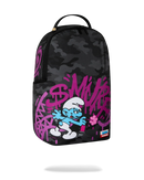 A sprayground black and gray camouflage backpack featuring a vibrant pink graffiti-style graphic and a cartoon Smurf character, shown against a plain white background.