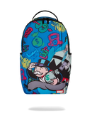A Sprayground backpack available at fresh n fitted featuring a vibrant graffiti-style print with Monopoly-themed illustrations, including a character holding a money bag, dollar signs, and cash, set against a solid white background. SPRAYGROUND 'Monopoly Grab &amp; Go Go Go' Backpack

Style Code: 910B9207NSZ