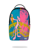 A sprayground backpack available at fresh n fitted featuring a graphic print of the Pink Panther character holding spray cans, set against a split blue and pink background with yellow halftone patterns, shown on a plain white background.