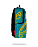 A sprayground backpack with a vibrant turquoise blue background and a distressed yellow graphic design, featuring black straps and a top zipper pull.
