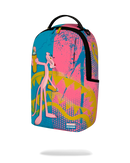 A Sprayground backpack featuring a vibrant graphic print of the Pink Panther character, split diagonally between turquoise blue and hot pink halftone patterns with yellow accents, shown on a plain white background with a soft drop shadow.