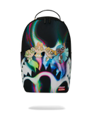 A black backpack featuring a colorful graphic print of the Powerpuff Girls above a stylized skull, with an iridescent rainbow sheen across the design. The backpack has a top handle and a small red and white Spray Park logo near the bottom right.