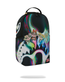 A black Sprayground backpack featuring a colorful, psychedelic graphic print with cartoon characters and a stylized shark, shown against a plain white background.