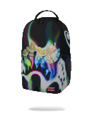 A Sprayground backpack featuring a black base with a vibrant, holographic, iridescent graphic print of cartoon characters and abstract shapes, shown on a white background with a soft shadow underneath.