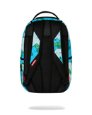 A sprayground backpack shown from the back, featuring a black padded back panel and straps, with a blue and white patterned outer shell and small red accents.