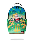 A Sprayground backpack featuring a colorful cartoon graphic of a blonde character surrounded by stacks of gold coins and green dollar bills, set against a clean white background.