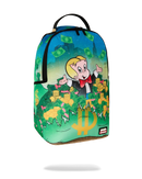 A Sprayground backpack featuring a colorful cartoon graphic of a blonde character surrounded by stacks of gold coins and flying green dollar bills, shown against a plain white background.