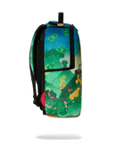 A sprayground backpack with a vibrant green and blue money-print design, featuring cartoon money bags and dollar signs, shown against a plain white background.
