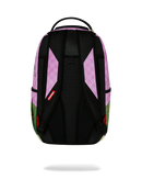 A sprayground backpack shown from the back, featuring a black padded back panel and straps, with pink patterned side panels and small green and red accents near the bottom, on a white background.