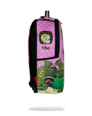 A pink and black sprayground backpack featuring a graphic print with a cartoon character, the text '15c', and green money bags on a white background.