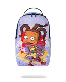A Sprayground backpack available at fresh n fitted featuring a colorful cartoon graphic of a girl with braided hair on a light purple background with red, yellow, and blue paint splatters.