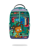 A sprayground backpack available at fresh n fitted featuring a colorful cartoon illustration of a character in front of an open closet filled with clothes and accessories, shown on a plain white background.