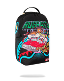 A black Sprayground backpack featuring a colorful graffiti-style graphic with the word 'RUGRATS', cartoon characters, a red car, and the text 'FOREVER YOUNG' on a white background.