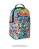 A sprayground spongebob backpack featuring a dense, colorful cartoon illustration with the words 'SPONGE SQUAD' visible near the top, shown on a plain white background.