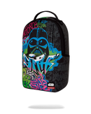 A sprayground black backpack featuring a colorful graffiti-style Darth Vader graphic with blue, pink, green, and white spray-paint effects, plus a visible Star Wars and Sprunki collaboration logo near the bottom.